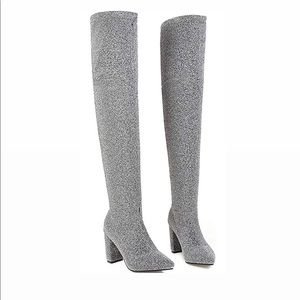 Qupid Silver Glitter Stretch Thigh High Boots